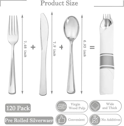 Supernal 240 Silver Plastic Silverware Set - 60 Sets Pre Rolled Napkins with Cutlery - Mirror Polished Real Look Disposable Silver Utensils- Elegant Heavy Duty Flatware for Weddings & Catering