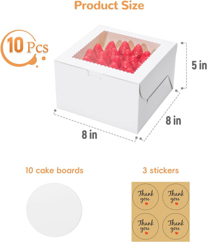 4pcs 6 Inch Cake Boxes with Sticks and Boards for Cookies, Small Cakes, Mini Desserts, Bento, and Bakery, Cupcake Box for Birthday, Party, Wedding, Mother's Day, Christmas（6x6x5 inch）