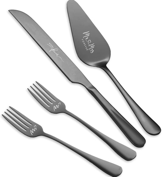 4 Pieces Wedding Cake Knife and Server Set, Stainless Steel Mr and Mrs Cake Cutter and Forks for Wedding, Birthday, Bridal Shower Gifts for Couples (Rose Gold)
