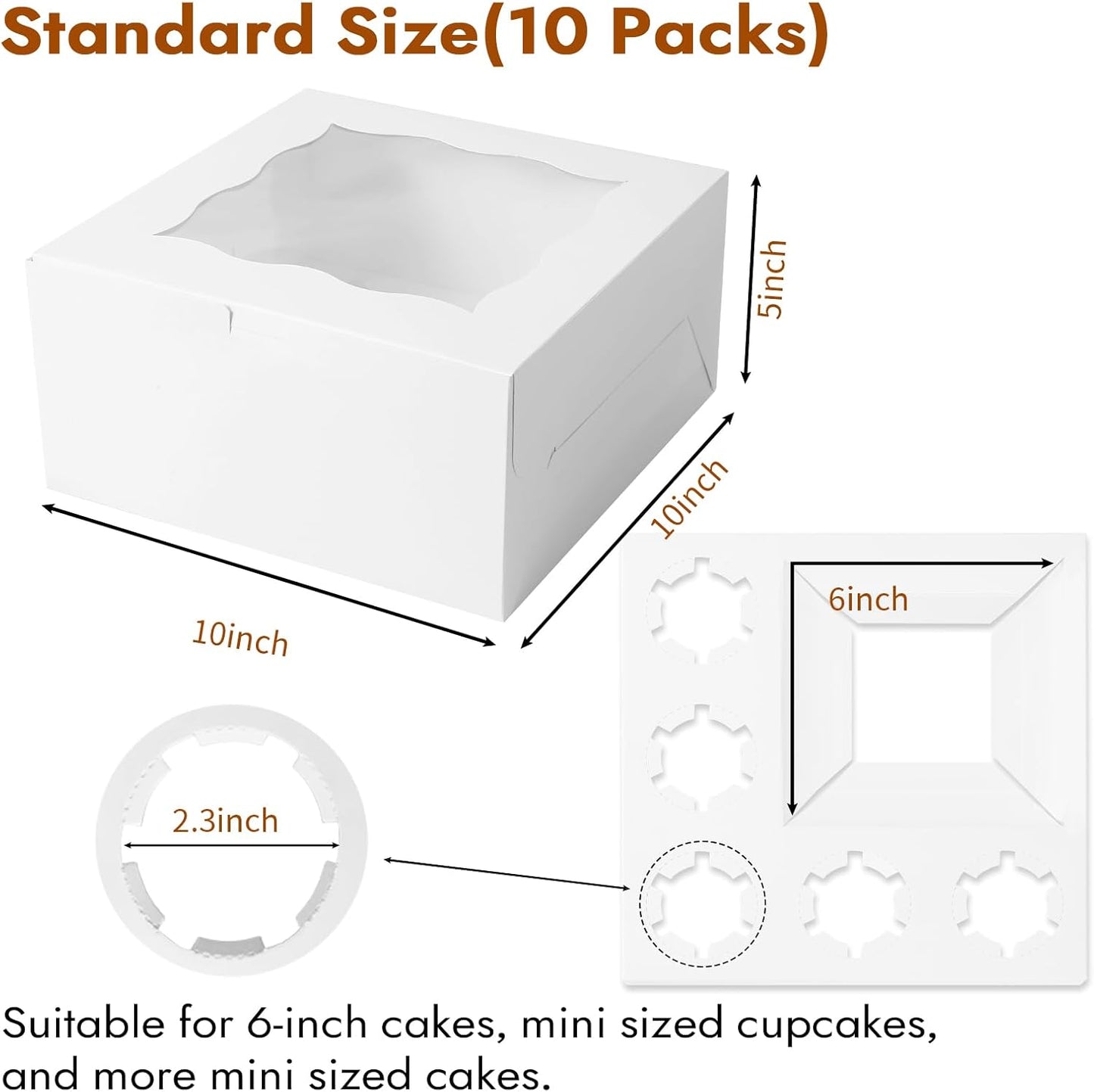 10 Packs Bento Cake and Cupcake Box 3 Holes Fit 2 Cupcakes and 1 Mini Cake Box with Clear Window and Stickers for Cake Cupcake Cookie or Easter and Mother’Day. (1+2/10pcs)