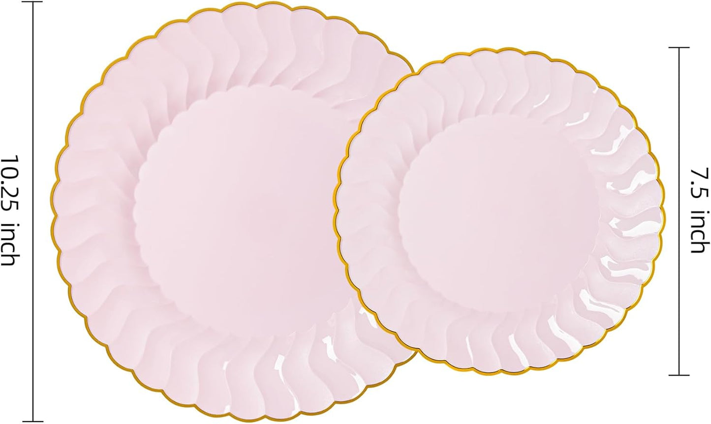 Lullaby 60PCS Ivory Scalloped Plastic Plates with Gold Rim, Disposable Elegant Plates Include 30pcs Dinner Plate 10.25", 30pcs Plastic Dessert Plate 7.5", Perfect for Wedding and Party