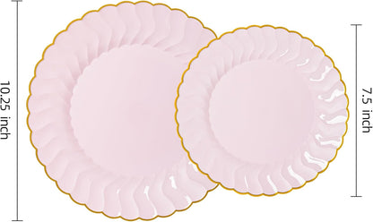 Lullaby 60PCS Ivory Scalloped Plastic Plates with Gold Rim, Disposable Elegant Plates Include 30pcs Dinner Plate 10.25", 30pcs Plastic Dessert Plate 7.5", Perfect for Wedding and Party