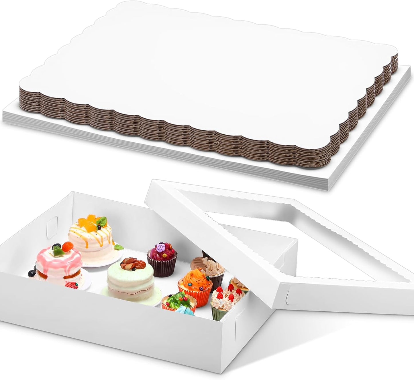 Sinload 10 Pcs 14x10x4 Inch 1/4 Sheet Cake Boxes 5pcs Large Rectangle Bakery Boxes with 5pcs Cake Boards for Pastry Baking, Cupcakes, Donuts, Cookies, Pie Treat Packaging
