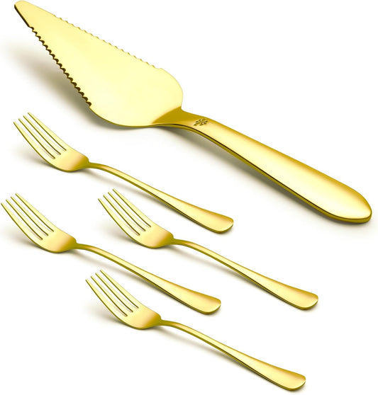 Eisinly Cake Cutting Set for Wedding, Elegant Cake Knife and Server Set with Thickened Stainless Steel Rounded Edges, Cake Cutter Pie Spatula for Birthday Anniversary, 2 Pcs, Gold