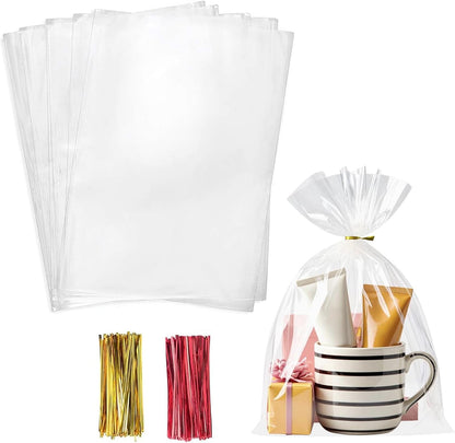 Cello Cellophane Treat Bags,5x7 Inches Clear Cellophane Bags 200 Pcs OPP Plastic Treat Bags with 200 Twist Ties for Gift Wrapping,Packaging Candies,Dessert,Bakery, Cookies, Chocolate,Party Favor