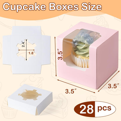 Hoewina 28PCS Cupcake Boxes, Individual Cupcake Containers with Window, Food Grade Cupcake Holders Carrier with Inserts, Stackable Deep Cake Box for Birthday Holiday Party Bakery Supplies (White)