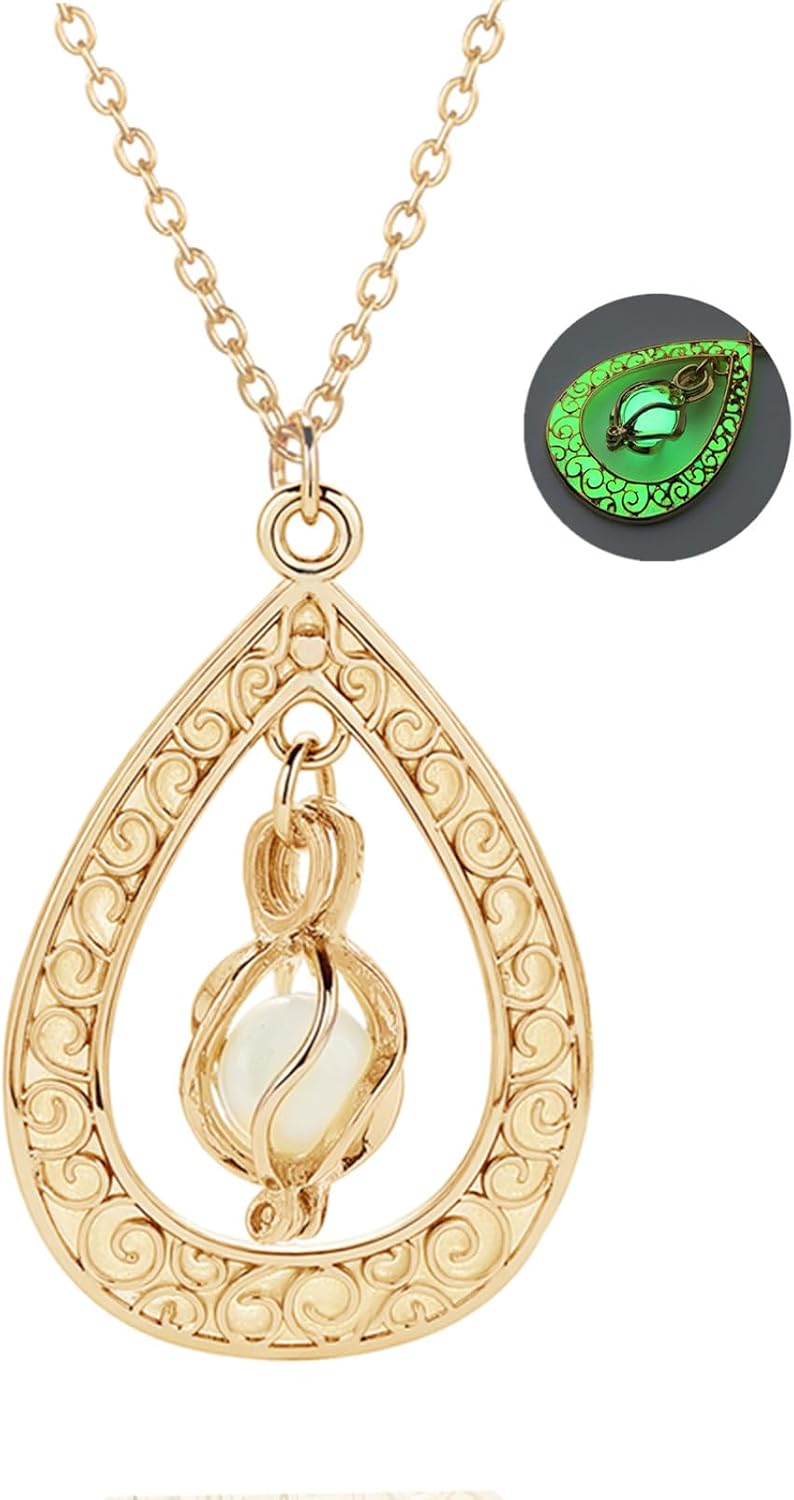 EEQQBZ Glow in The Dark Silver Teardrop shape necklace,Fantasy Glowing Jewelry Charm