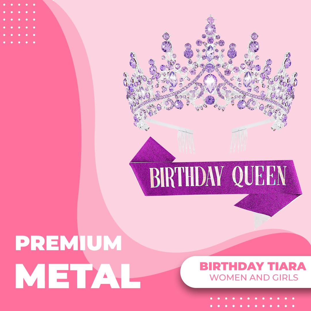 Birthday Tiara Crown with Sash for Women, Headband Hair Accessories for Wedding Party Costume