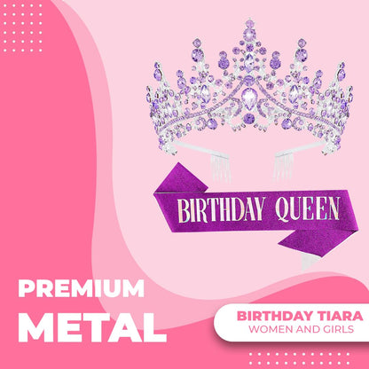 Birthday Tiara Crown with Sash for Women, Headband Hair Accessories for Wedding Party Costume