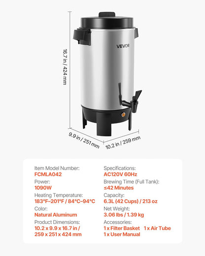 VEVOR Commercial Coffee Urn, 40 Cup 203oz Hot Beverage Dispenser with Dripless Faucet, 1090W Quick-Brewing Coffee Maker, Automatic Temperature Control, for Catering, Party, Church & Restaurant