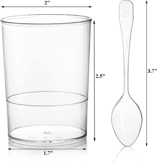 Okllen 100 Pack Mini Dessert Cups with Spoons, 3 Oz Round Shot Cups Plastic Dessert Shooters, Appetizer Parfait Cups Shot Glasses for Chocolate Desserts, Ice Cream, Puddings, Tasting Party