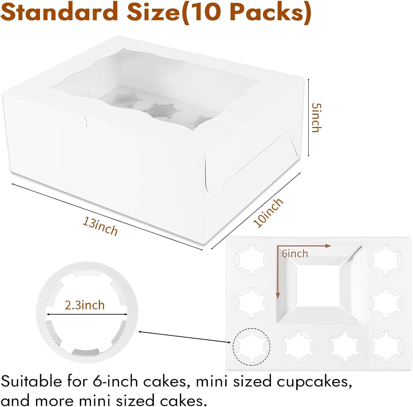 10 Packs Bento Cake and Cupcake Box 3 Holes Fit 2 Cupcakes and 1 Mini Cake Box with Clear Window and Stickers for Cake Cupcake Cookie or Easter and Mother’Day. (1+2/10pcs)