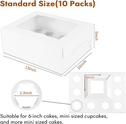 10 Packs Bento Cake and Cupcake Box 3 Holes Fit 2 Cupcakes and 1 Mini Cake Box with Clear Window and Stickers for Cake Cupcake Cookie or Easter and Mother’Day. (1+2/10pcs)