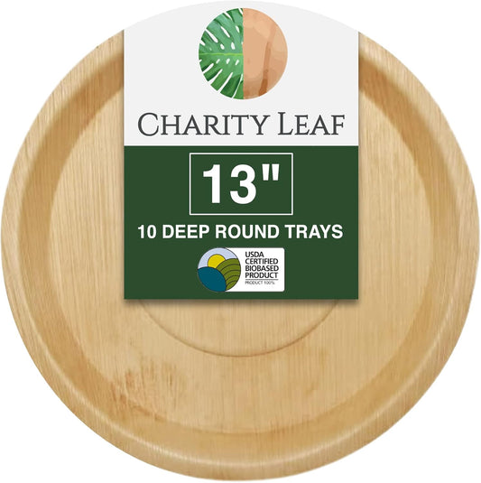Charity Leaf Disposable Palm Leaf 13" Deep Round Trays (10 pieces) Bamboo Like Serving Platters, Disposable Boards, Eco-Friendly Dinnerware For Weddings, Catering, Events