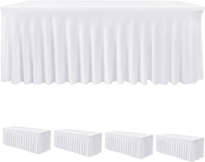 HolidayIdeas 2 Pack Spandex Table Skirt for 6 Ft Rectangle Tables, Black Fitted Stretch Tablecloth 30 x 72 Inch, Wrinkle Resistant Ruffle Design for Wedding Banquets, Trade Shows, Parties