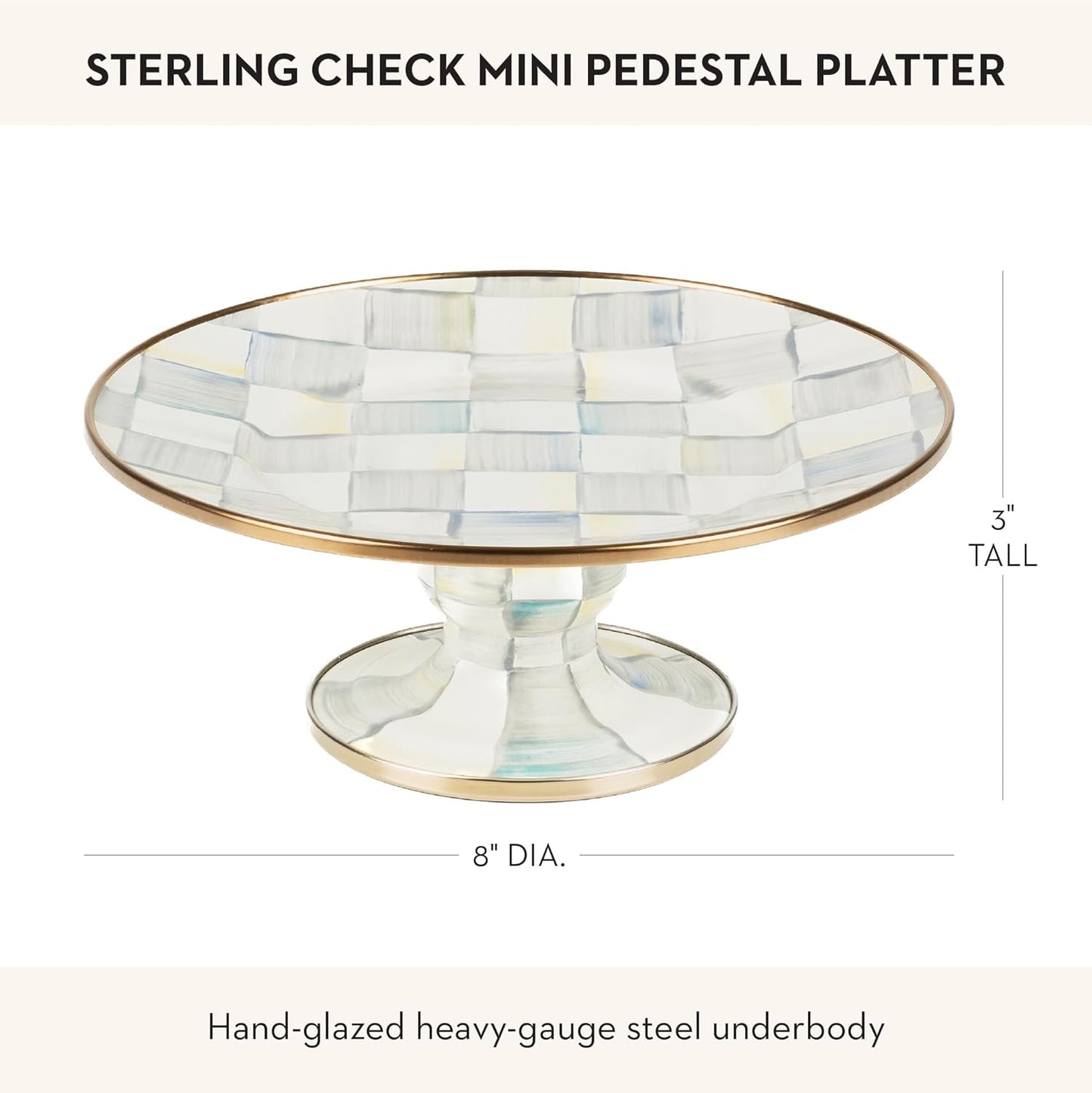 MACKENZIE-CHILDS Enamel Pedestal Platter, Round Cake Stand, Large, Black-and-White Courtly Check
