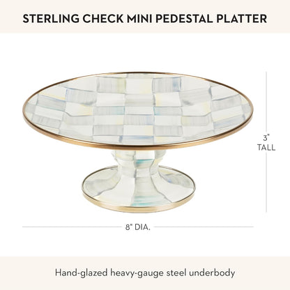 MACKENZIE-CHILDS Enamel Pedestal Platter, Round Cake Stand, Large, Black-and-White Courtly Check