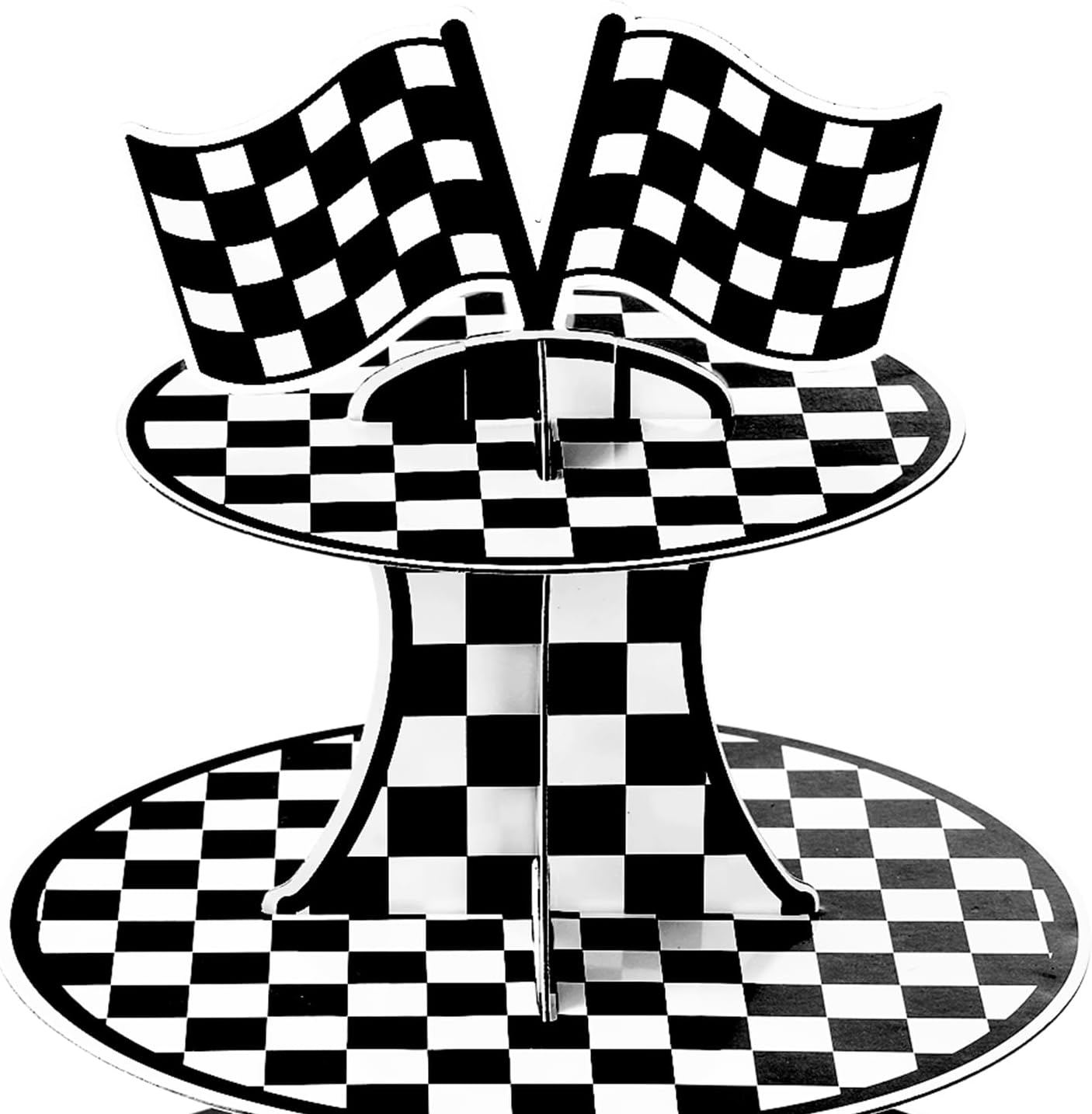 3-Tier Round Cardboard Cupcake Stand Holder, Racing Car Theme Birthday Party Decorations Supplies, Black and White Checkered Dessert Display Stand Tower