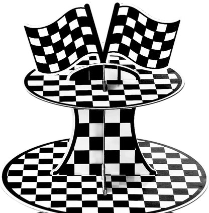 3-Tier Round Cardboard Cupcake Stand Holder, Racing Car Theme Birthday Party Decorations Supplies, Black and White Checkered Dessert Display Stand Tower