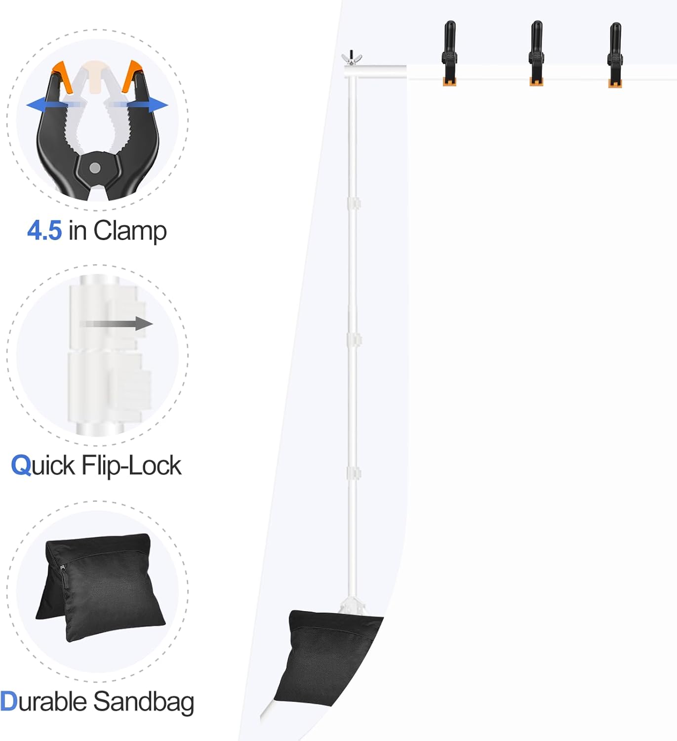 EMART Backdrop Stand 10x7ft(WxH) Photo Studio Adjustable Background Stand Support kit with 2 Crossbars, 8 Clamps, 2 Sandbags and Carry Bag for Parties, Events Decoration, Wedding, Photography -White