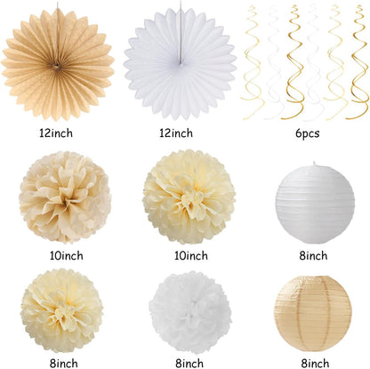 Champagne-Gold Beige Fall Baby-Shower Party-Decorations - 36pcs Welcome Home Banner Sign,Neutral Paper Lanterns,Girl Streamers Garland,Boho Hanging Tissue Pom Poms Flowers Fans Backdrop Decor Burgleda
