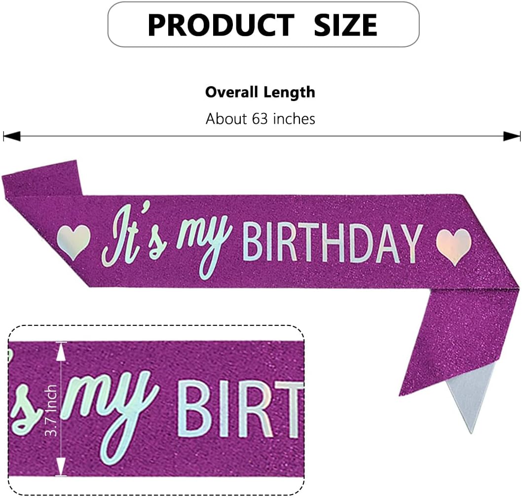 Vuzvuv It's My Birthday Birthday Sash, Glitter Birthday Sash with Foil Letters Birthday Party Decor for Women, Girls