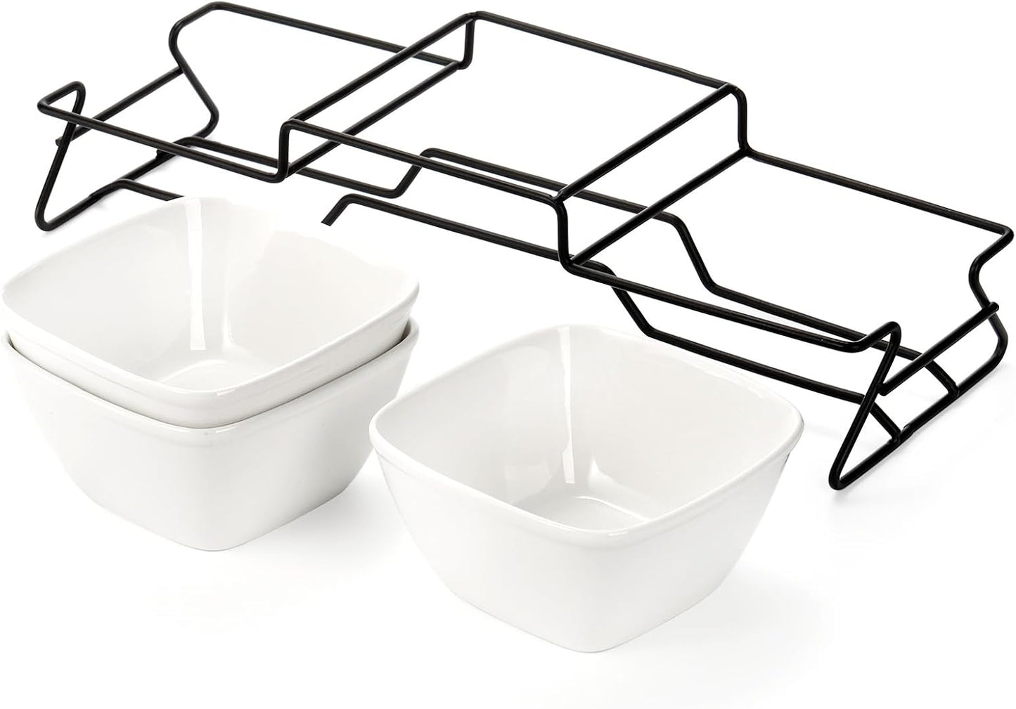 ZENFUN 10 oz Square Bowl Chip & Dip Serving Set, Pocelain Ramekin Bowls with Metal Rack Stand, White Small Serving Dishes, Condiment Serving Tray for Entertaining, Party, Buffets, Christmas