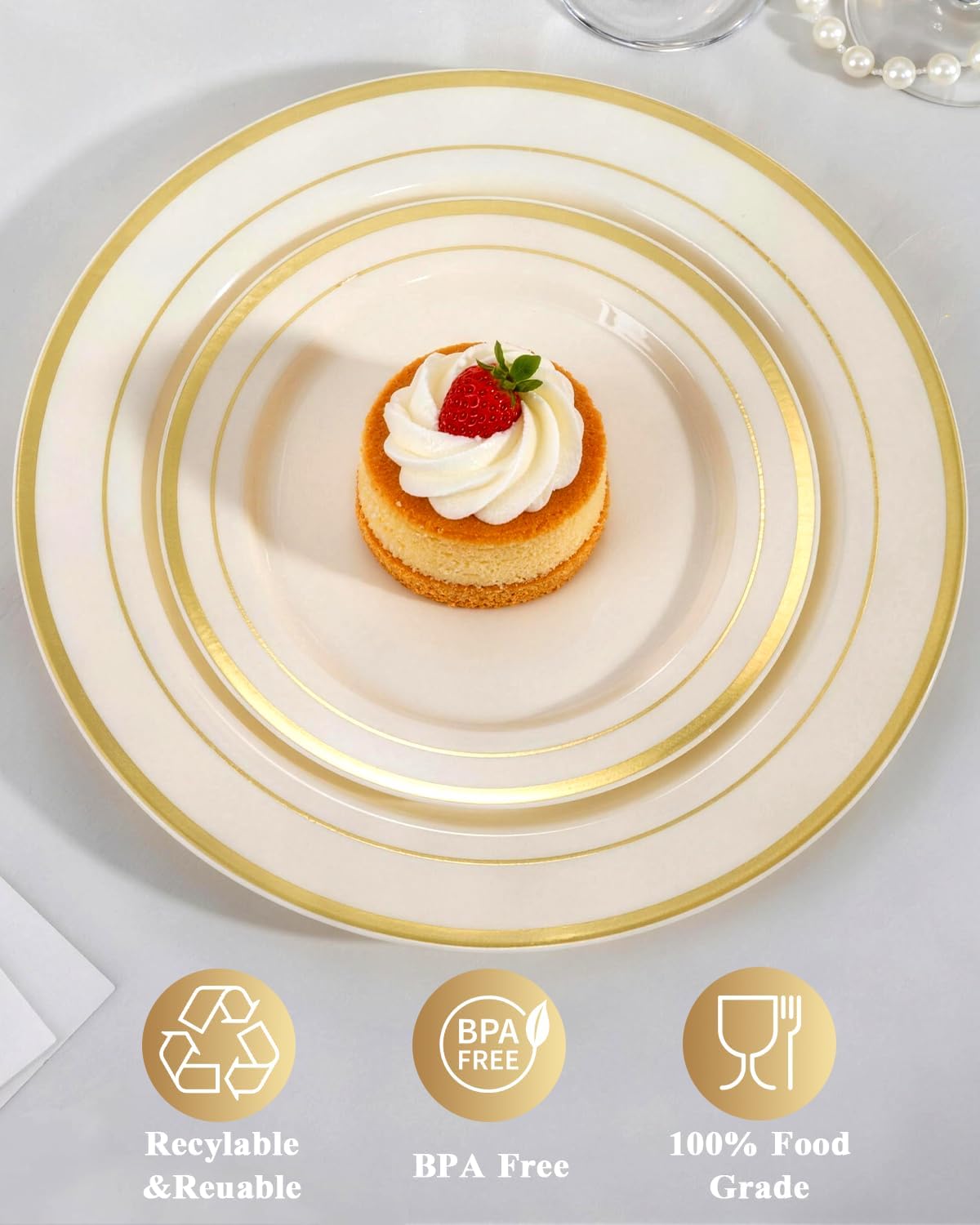 Goodluck 200PCS Gold Plastic Plates, Heavy Duty Disposable Gold Plates with 100 10.25 inch Dinner Plates and 100 7.5 inch Dessert Plates for Party, Holiday, Wedding, Thanksgiving