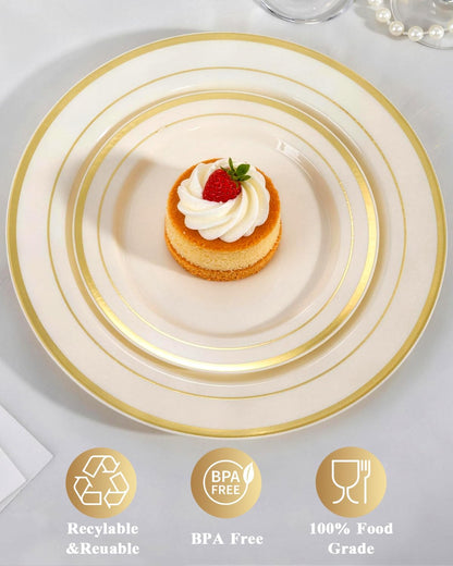 Goodluck 200PCS Gold Plastic Plates, Heavy Duty Disposable Gold Plates with 100 10.25 inch Dinner Plates and 100 7.5 inch Dessert Plates for Party, Holiday, Wedding, Thanksgiving