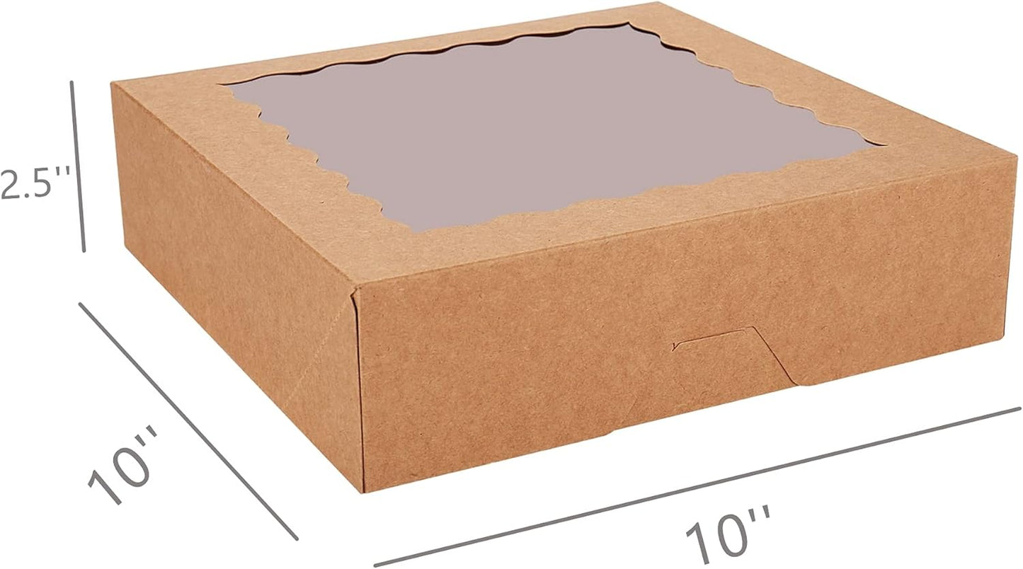 Tcoivs 20-Pack Pie Boxes 10" x 10" x 2.5", Bakery Boxes with Window, Auto-Popup Cookie Boxes for Pies, Cookies and Pastries (Brown)