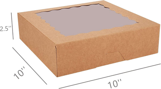 Tcoivs 20-Pack Pie Boxes 10" x 10" x 2.5", Bakery Boxes with Window, Auto-Popup Cookie Boxes for Pies, Cookies and Pastries (Brown)