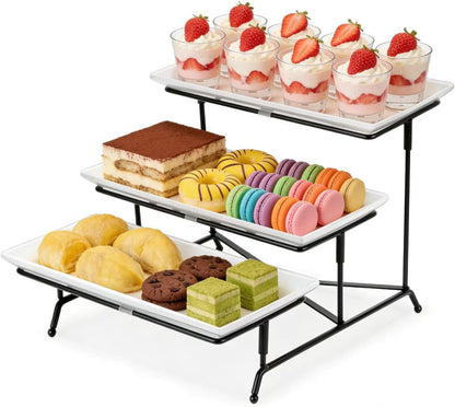 3 Tier Serving Tray, 12" White Plastic Tiered Food Serving Platters, Reusable Tray Stand Black Collapsible Metal Stand with Stable Cross Bars, Party Display Stands for Veggie Fruit, Dessert