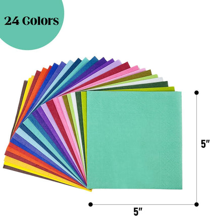24 colors Cocktail Napkins 5 * 5inch disposable Beverage Napkin paper for Cocktail, Wedding, Dinner，Brithday Party Dessert Wine Paper Napkins（ 120 Count）