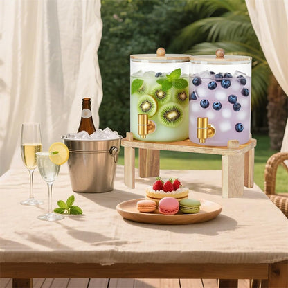 2 Pack Drink Dispenser with Wood Stand, Glass Beverage Dispenser with Spigot and Labels, Glass Water Dispenser for Parties, Lemonade Dispensers for Juice, Tea, and Home Bar Party Drinks (1 Gallon)