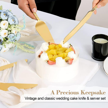 Wedding Cake Knife and Server Set, Personalized Gold Cake Cutting Set for Wedding, Engraved Classic Cake Knives Cutter Set, Pie Server, Birthday Bridal Quinceañera Gift (CUS-Flower)