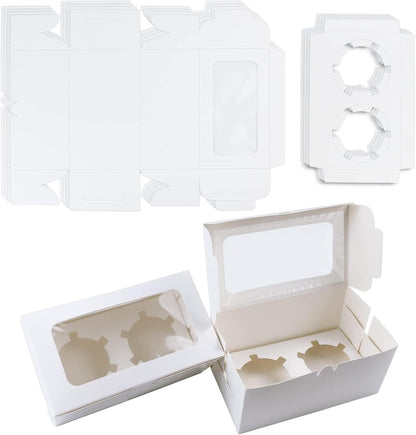 30 Pack White Paper Cupcake Boxes with 2 Cavity Cookie Gift Boxes with Clear Window 2 Treat Holder Cupcake Containers Bakery Cake Box for Birthday Party Holiday Bakery Supplies