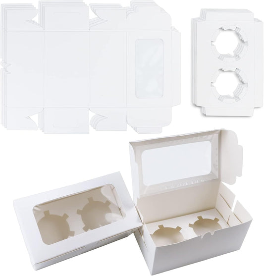 30 Pack White Paper Cupcake Boxes with 2 Cavity Cookie Gift Boxes with Clear Window 2 Treat Holder Cupcake Containers Bakery Cake Box for Birthday Party Holiday Bakery Supplies