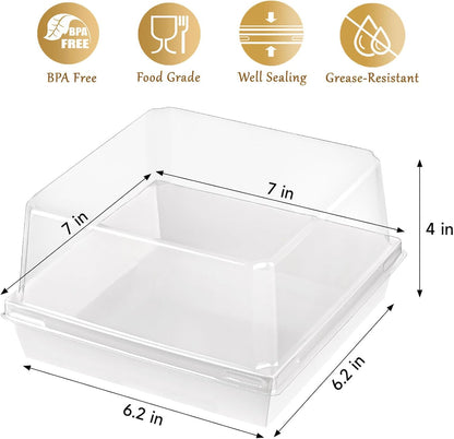 Ocmoiy 7x7x4 Inches White Paper Cake Boxes with Clear Lids for 6 Inch Cakes, 20 Pack Square Disposable Cake Bakery Take Out Containers, To Go Dessert Boxes