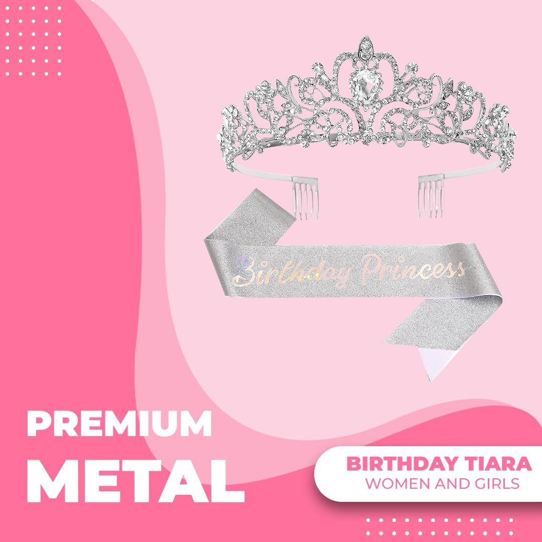Birthday Tiara Crown with Sash for Women, Headband Hair Accessories for Wedding Party Costume