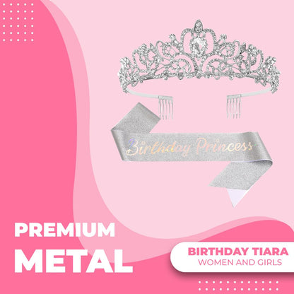 Birthday Tiara Crown with Sash for Women, Headband Hair Accessories for Wedding Party Costume