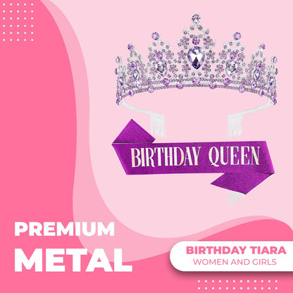 Birthday Tiara Crown with Sash for Women, Headband Hair Accessories for Wedding Party Costume