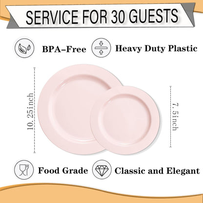 FLOWERCAT 60PCS White Plastic Plates - Heavy Duty White Disposable Plates for Mother's Day/Birthday Party/Wedding -serve for 30 guests Include 30PCS 10.25" & 30PCS 7.5" Plates for Party