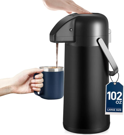 Coffee Carafe for Keeping Hot - Gezoss 102OZ / 3L Airpot Coffee Dispenser with Pump - Large Coffee Carafe for Hot Drinks Tea Liquid - Insulated Stainless Steel Hot Water Beverage Urn for Parties