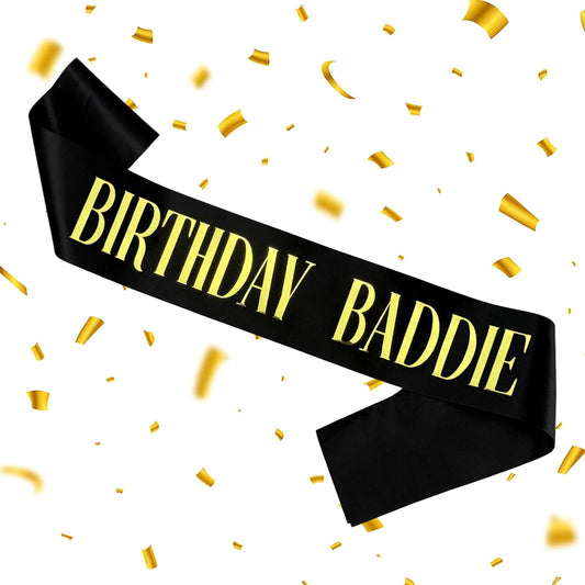 Birthday Sash, BIRTHDAY BADDIE SASH Black Glitter Sash with Gold Foil Sparkly Satin Birthday Sash for Women Girls Men Decorations for Party Supplies