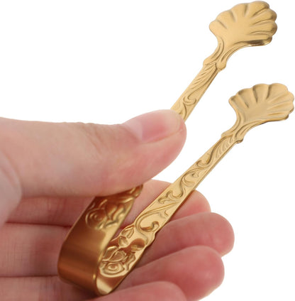 3.5inch Mini Serving Tongs, 2PCS Sugar Tongs, Small Stainless Steel Sugar Cube Pick with Rose Embossed Ice Grabber for Tea and Coffee Party Charcuterie Board Appetizers （Gold）