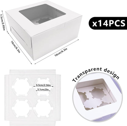 MUMULULU 8 PCS White Paper Cupcake Boxes with 4 Cavity Cookie Gift Boxes with Clear Window 4 Treat Holder Cupcake Containers Bakery Cake Box for Birthday Party Bakery Supplies