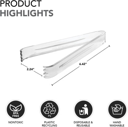 Party Essentials Plastic 6.5" Serving Tongs, 4-Count, Clear