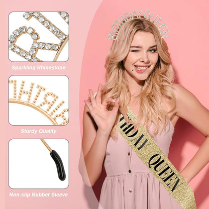 Birthday Sash & Crown for Women - Tiara Headband, Girls' Decorations Accessories