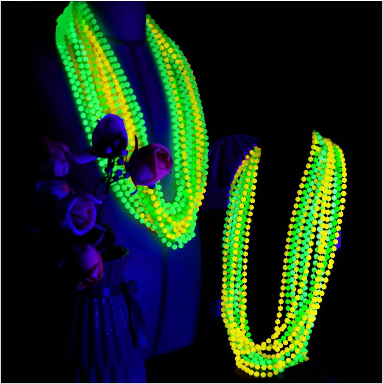 Glow in the Dark Beads Necklaces Glow Party Supplies, 33" Yellow Green Orange UV Black Light Necklaces for Glow Party Favors Night Accessories, Halloween Birthday Party Decorations