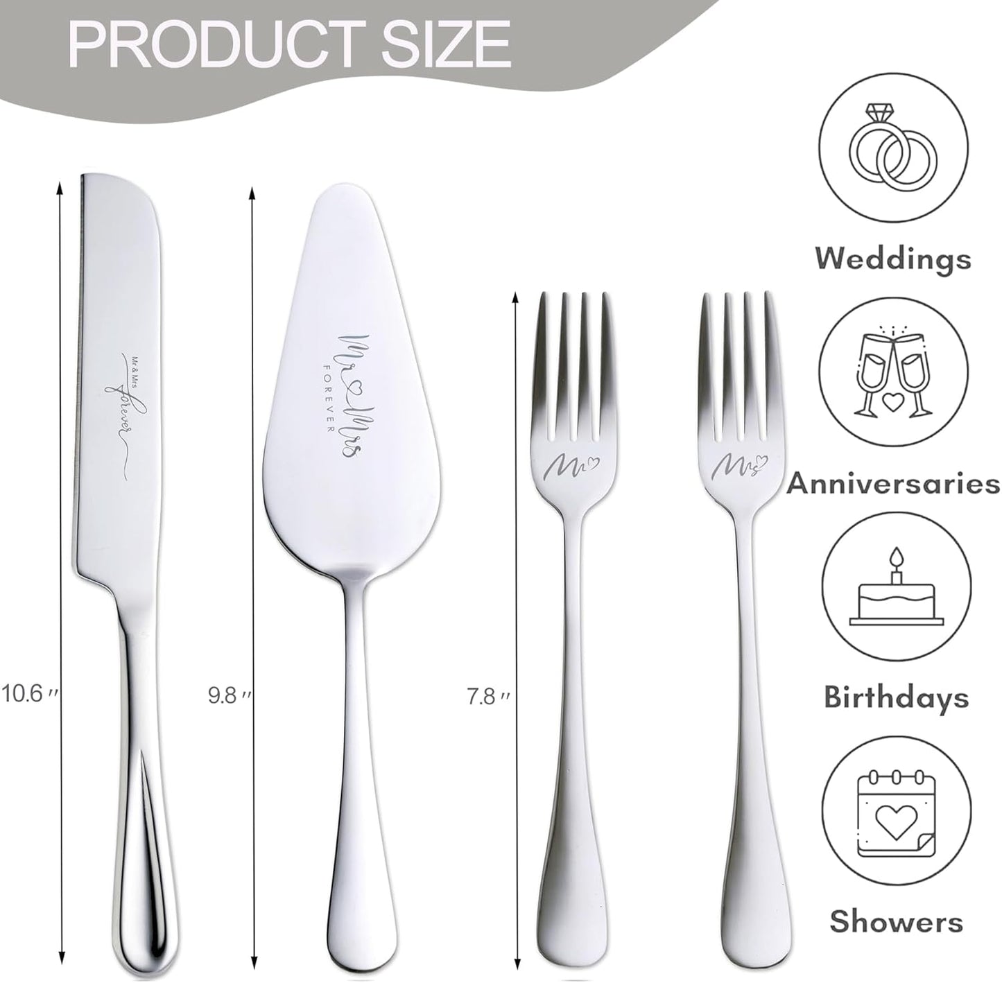 4 Pieces Wedding Cake Knife and Server Set, Stainless Steel Mr and Mrs Cake Cutter and Forks for Wedding, Birthday, Bridal Shower Gifts for Couples (Rose Gold)